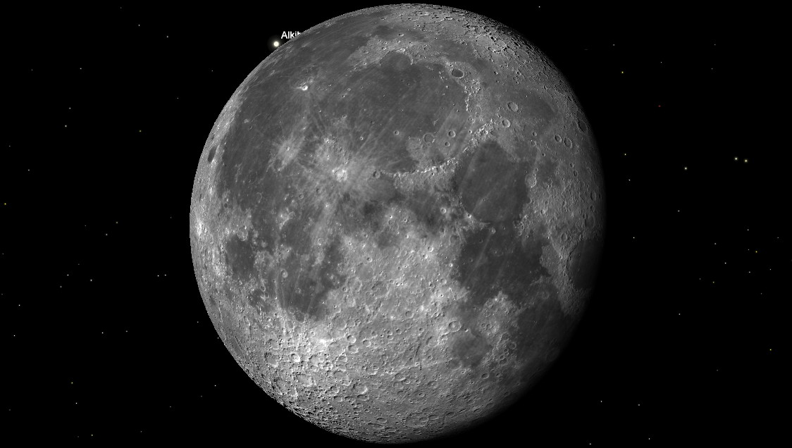 The disappearance of magnitude-3.6 λ Geminorum occurs close to 6:01 am on 9th December for mid-UK observers. This computer simulation shows a powerful binocular view with north up and east to the left. Image credit: Ade Ashford/SKy Safari Pro