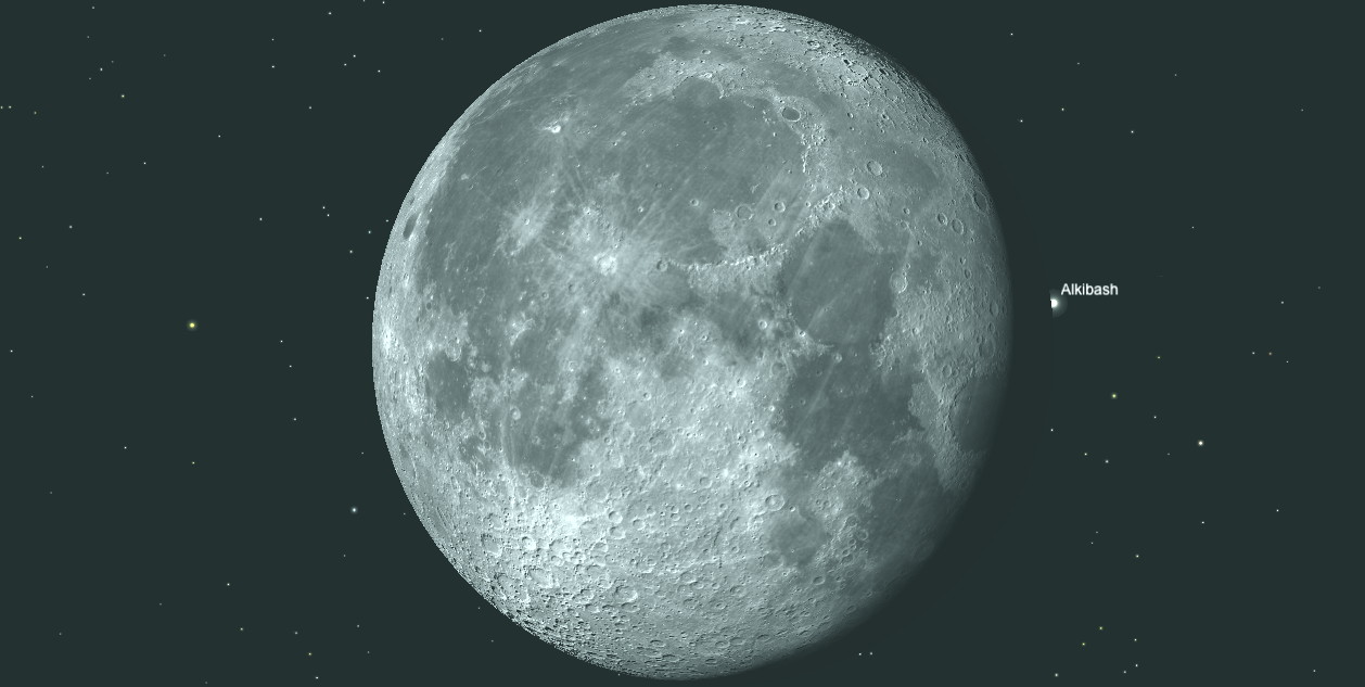 Twilight is starting to brighten the sky in readiness for the reappearance of λ Geminorum (Alkibash) close to 6:56 am for an observer in the central British Isles. The star flashes into view at the Moon's dark limb just north of the prominent circular Mare Crisium. Image credit: Ade Ashford/Sky Safari Pro