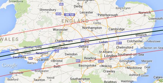 The projected UK ground track of 15th-magnitude asteroid 1630 Milet's occultation of 8th-magnitude star HIP 28748 on January 11th. The black line is the predicted centre line of the track that makes landfall on the Suffolk coast close to 21:04:40 UT (9:04:40 pm GMT) and leaves the Welsh coast near Swansea around 21:05:25 UT. The parallel blue lines show the predicted zone where HIP 28748 could be seen to 'vanish' for a couple of seconds as the asteroid blocks its light. The red lines show the extreme northern and southern limits based on orbital prediction uncertainties. Observers within the red zone are therefore encouraged to monitor the star visually or by astrovideo between 21:04 and 21:06 UT. Click the graphic for an interactive Google map. Image credit: Google/Geoff Hitchcox/Steve Preston.