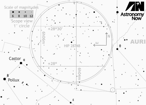 Detailed finder chart for 8th-magnitude star HIP 28748 in southern Auriga, the star to be occulted by 15th-magnitude asteroid 1630 Milet on 11th January. At the time of the event (~21:04—21:06 UT), HIP 28748 will lie nearly 60° above the southeast horizon in the British Isles. Click on the graphic for a full size B/W chart suitable for printing. AN graphic by Ade Ashford