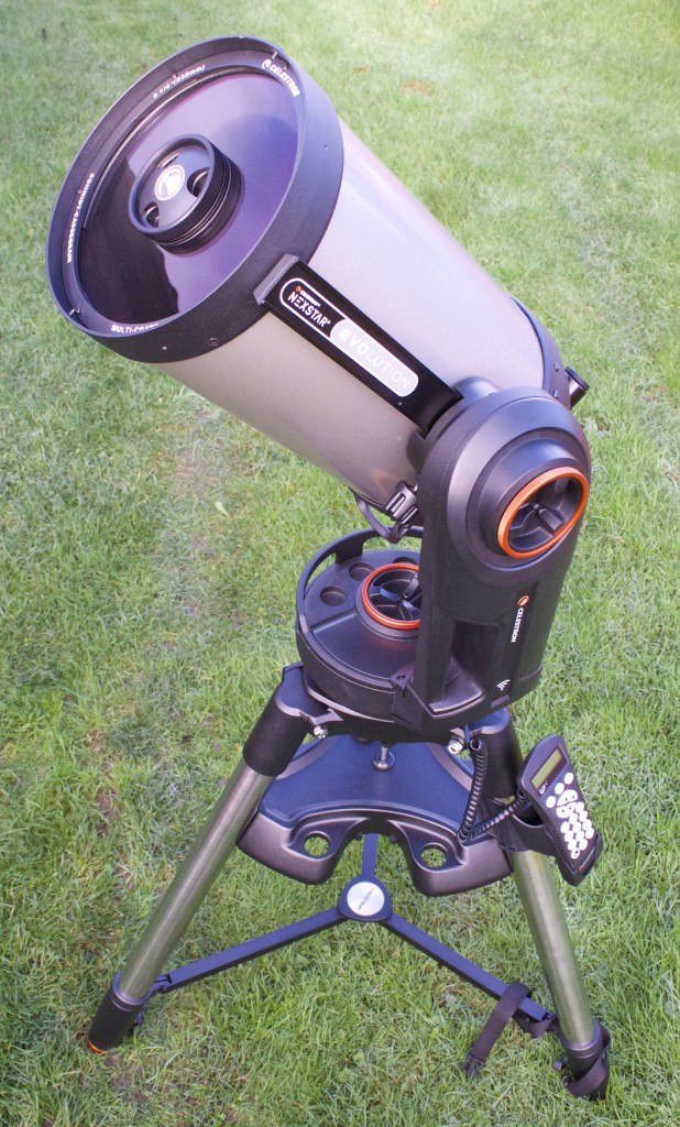 The mount of all models in the Celestron NexStar Evolution range can be controlled and wirelessly configured via Celestron's free SkyPortal app. If you don't have a smart 'phone or tablet, you can still drive the 'scope with the supplied NexStar+ hand controller shown. Note the large orange alt-az clutch knobs for easy operation with gloved hands and the Fastar-compatible optical tube. Fastar enables you to replace the secondary mirror with corrective optics, then image with a CCD camera at the prime f/2 focus. AN image by Ade Ashford