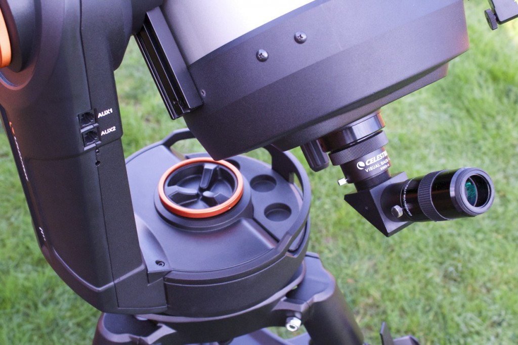 The Evolution mount has four Auxiliary Ports — two on the fork-arm shown here and two underneath — to accommodate Celestron accessories such as StarSense AutoAlign or SkySync GPS. There is also a small switch on the fork arm to toggle between Direct Connect (default) and Access Point WiFi modes, depending on how you wish to wirelessly connect to the mount. AN image by Ade Ashford