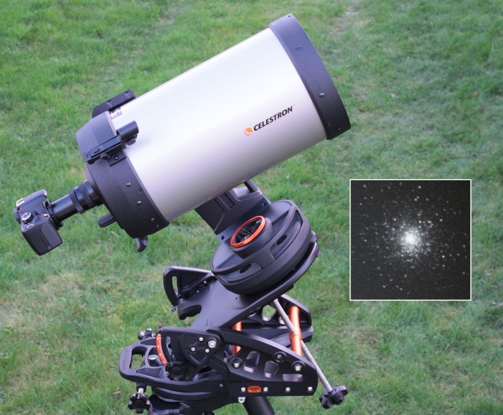 The other side of the Evolution 9.25 on an optional Celestron Pro HD wedge, this time showing the Canon 450D DSLR, T-mount and f/6.3 focal reducer (hence a resulting focal length of 1480mm) used for the inset image of globular cluster Messier 15 captured with a Moon one day from full in the sky. It's a 2.5-minute, unguided, non-PEC, ISO400 exposure demonstrating the instrument's tracking accuracy. Note that the star images are sensibly round. AN image by Ade Ashford