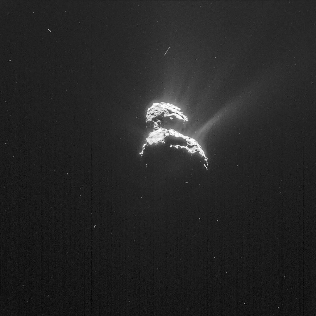 NAVCAM image of Comet 67P/C-G taken on 18 February from a distance of 198 km to the comet centre. The image has been processed to bring out the details of the comet’s activity. The exposure time of the image is 4 seconds. Image: ESA/Rosetta/NAVCAM – CC BY-SA IGO 3.0