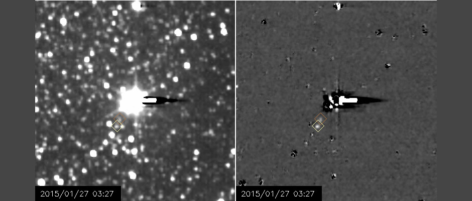 These new images provide the New Horizons spacecraft’s first extended look at Hydra (identified by a yellow diamond) and its first-ever view of Nix (orange diamond). The right-hand image set has been specially processed to make the small moons easier to see. Click the picture to see a seven-frame movie. Image credits: NASA/Johns Hopkins University Applied Physics Laboratory/Southwest Research Institute