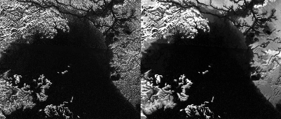 Presented here are side-by-side comparisons of a traditional Cassini Synthetic Aperture Radar (SAR) view and one made using a new technique for handling electronic noise that results in clearer views of Titan's surface. Image credit: NASA/JPL-Caltech/ASI