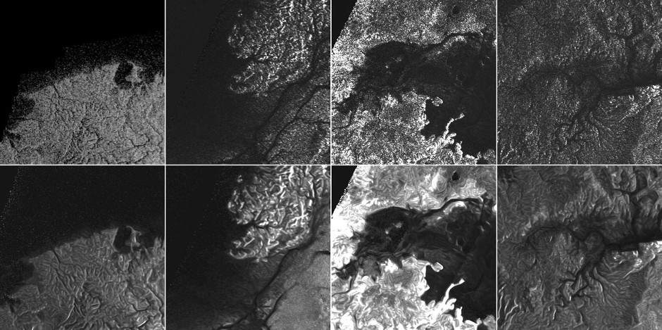 This montage of Cassini Synthetic Aperture Radar (SAR) images of the surface of Titan shows four examples of how a newly developed technique for handling noise results in clearer, easier to interpret views. Image credit: NASA/JPL-Caltech/ASI