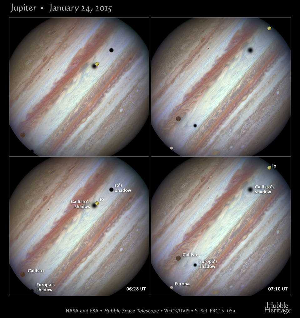 The Hubble Space Telescope's view of the rare triple-moon transit on Jupiter, 24th January 2015. Image credit: NASA, ESA, and the Hubble Heritage Team (STScI/AURA)