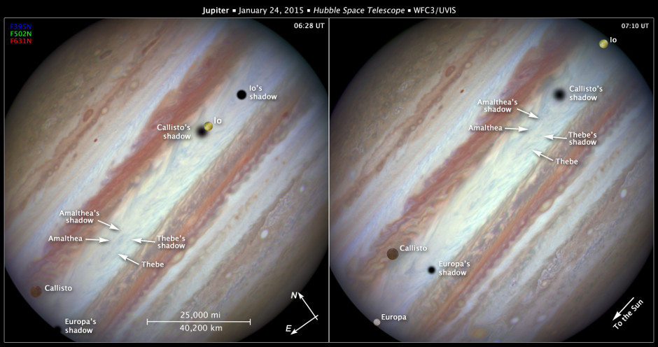 During the observations of the Jovian triple-moon conjunction on 24th January 2015, Hubble also captured the smaller moons Amalthea and Thebe and their shadows traversing the cloud-covered face of Jupiter. Click image for a full-size version. Image credit: NASA, ESA, and Z. Levay (STScI/AURA)