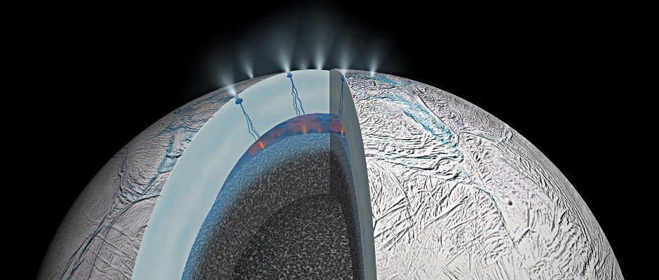 This cutaway view of Saturn's moon Enceladus is an artist's rendering that depicts possible hydrothermal activity that may be taking place on and under the seafloor of the moon's subsurface ocean, based on recently published results from NASA's Cassini mission. Image credit: NASA/JPL
