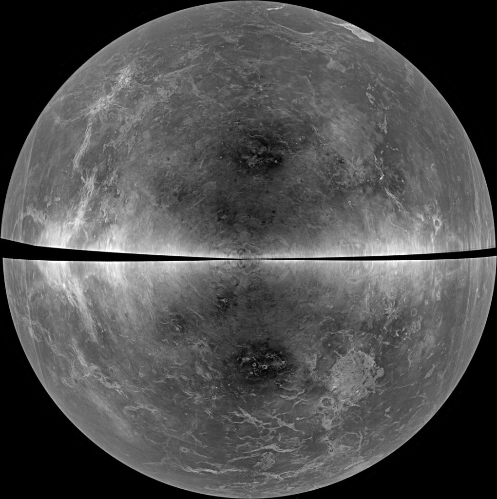 A whole-globe projection of the radar data of Venus collected in 2012. The black diagonal band at the centre represents areas too close to the Doppler “equator” to obtain well-resolved image data. Image credit: B. Campbell, Smithsonian, et al., NRAO/AUI/NSF, Arecibo