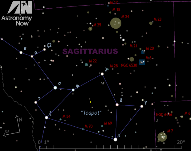 The yellow cross marks the spot of John Seach's nova in the 'teapot' asterism of Sagittarius. Current estimates put it at magnitude +5.3. While the region is currently a challenge to see low to the south-southeast horizon around 4:30 am BST from the British Isles, Southern Hemisphere observers can see it soon after 11 pm local time. AN graphic by Ade Ashford