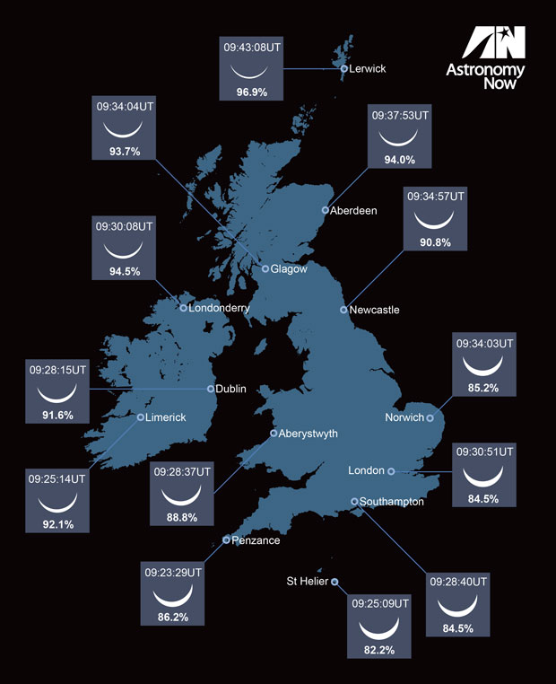 The partial phases of the eclipse that can be expected across the UK. AN graphic by Greg Smye-Rumsby.