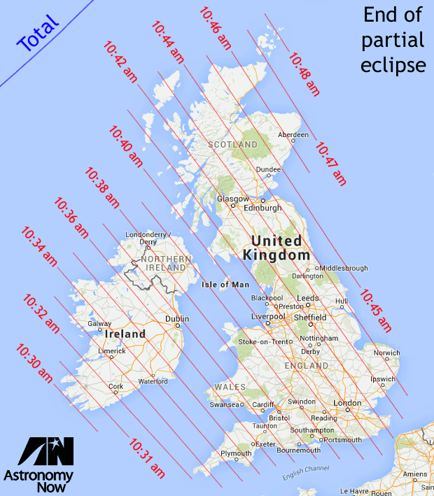 This illustration shows the isochrones for the times at which the last 'bite' will be seen to leave the left-hand limb of the Sun as the Moon recedes and the eclipse will be over (all times in GMT). AN graphics by Ade Ashford/UK map courtesy Google