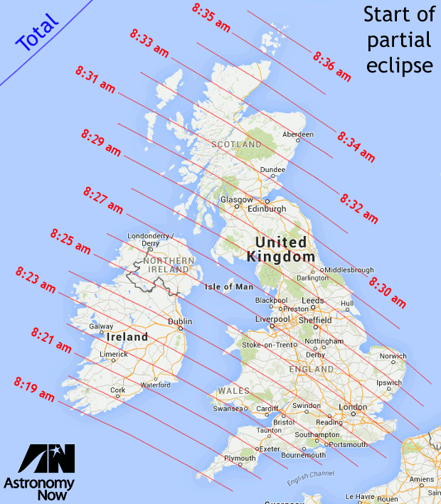 This illustration shows the isochrones for the times at which the partial eclipse will begin and the first 'bite' will be seen taken out of the right-hand limb of the Sun as the Moon advances across the Sun (all times in GMT). AN graphics by Ade Ashford/UK map courtesy Google