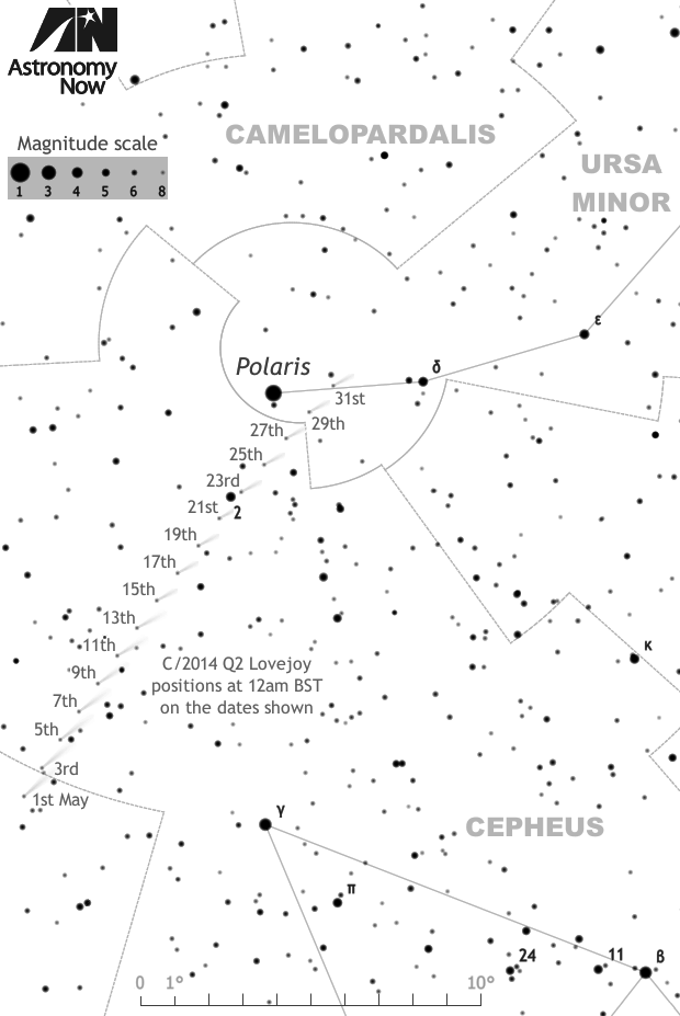 The track of C/2014 Q2 Lovejoy throughout May 2015. Click the image for a full-size version suitable for printing for use at the telescope or with binoculars. Note the 10-degree scale bar at the bottom, which is twice the field of view of a 10x50 binocular. AN graphic by Ade Ashford.