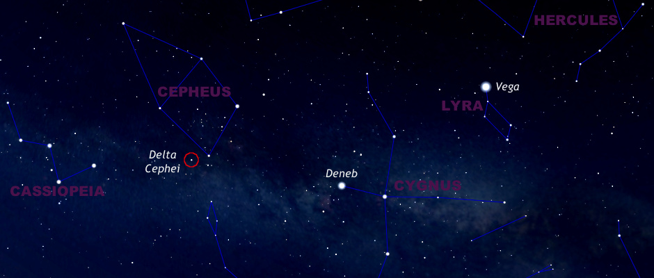 This illustration shows you how to find Delta (δ) Cephei in the May night sky. It represents a quadrant of sky centred on northeast as seen from the centre of the British Isles mid-month at 11 pm BST. AN graphic by Ade Ashford.