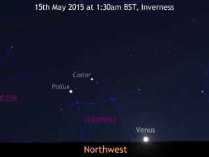 Venus currently lies near the position occupied by the Sun at the June solstice in the constellation of Gemini, has a declination exceeding +26° and is close to its greatest easterly elongation from the Sun — all these factors conspire to keep Venus above the horizon for a long time after sunset in mid-May for Northern Hemisphere observers. How late can you see it from where you live? AN graphic by Ade Ashford.