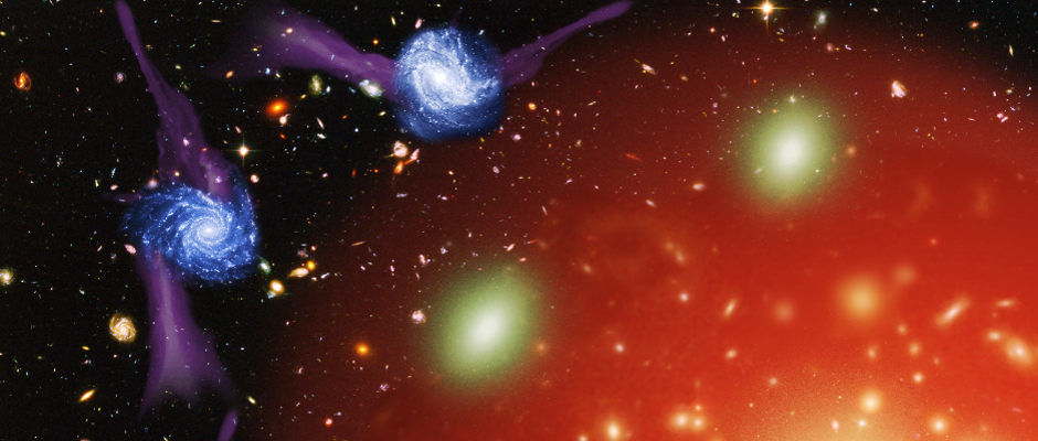 Artist's impression of one of the possible galaxy strangulation mechanisms: star-forming galaxies (fed by gas inflows) are accreted into a massive hot halo, which "strangulates" them and leads to their death. Credit: re-active, STScI and ESO