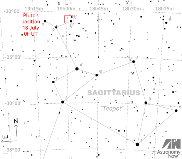 This wide-field Pluto finder chart showing the constellation Sagittarius is 20 degrees wide (approximately the span of an outstretched hand at arm’s length) and depicts the region of sky containing Pluto close to the time of my astrophotographic attempt, the contents of the red box shown in the image below. The curved horizontal dotted lines represent parallels of declination that are five degrees apart. Stars down to magnitude +8 are shown. AN graphic by Ade Ashford.