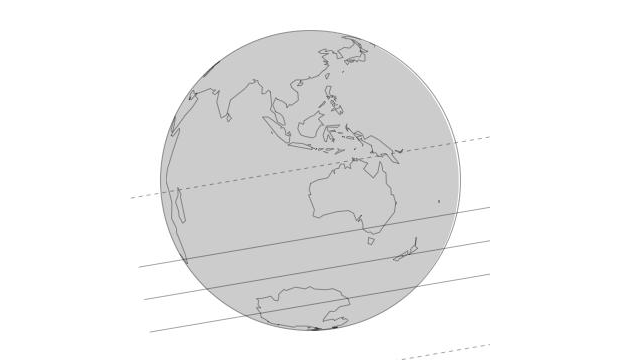 Three diagonal lines trending southwest to northeast, respectively, indicate the centre and boundaries of Pluto's shadow track on 30 June 2015 (NZ time), travelling at more than 53,000 mph across Earth's surface. Note how the centreline of the track passed over the heart of New Zealand's South Island. Image credit: MIT.