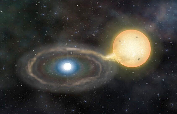 Artist’s impression of the eclipsing binary system Gaia14aae, located about 730 light years away in the constellation Draco. It consists of a super dense white dwarf star stealing gas from its companion star, effectively ‘cannibalising’ it. Image credit: Marisa Grove/Institute of Astronomy.