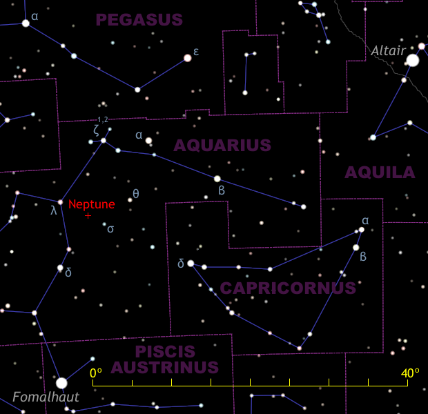 This wide-field finder chart for Neptune shows the view to the south-southwest as seen from the British Isles around 1am BST at the beginning of September, or by 11pm at the end of the month. First-magnitude star Fomalhaut lies very low due south, while somewhat brighter and higher star Altair lies 60° — or three spans of an outstretched hand at arm's length — to the southwest. Each minor division of the yellow scalebar represents 5°, or the field of view of a 10x50 binocular. Neptune lies between magnitude +3.7 lambda (λ) Aquarii and magnitude +4.8 sigma (σ) Aquarii. Stars down to the dark sky naked-eye limit of magnitude +6 are shown. AN illustration by Ade Ashford.