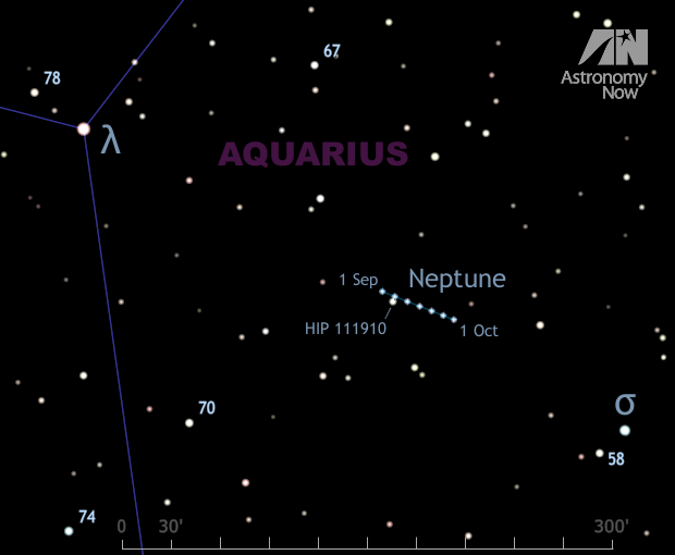 Once you have located magnitude +3.7 lambda (λ) Aquarii and magnitude +4.8 sigma (σ) Aquarii from the wide-field chart, this zoomed-in narrow-field view will make locating planet Neptune easy. The scalebar at the bottom is 300 arcminutes, or five degrees, wide — the field of view of a typical 10x50 binocular. The track of Neptune against the background stars throughout September 2015 is shown. Note that the planet passes close to magnitude +6.9 star HIP 111910 on the night of 5/6 September. Stars as faint as magnitude +10 are shown. AN graphic by Ade Ashford.