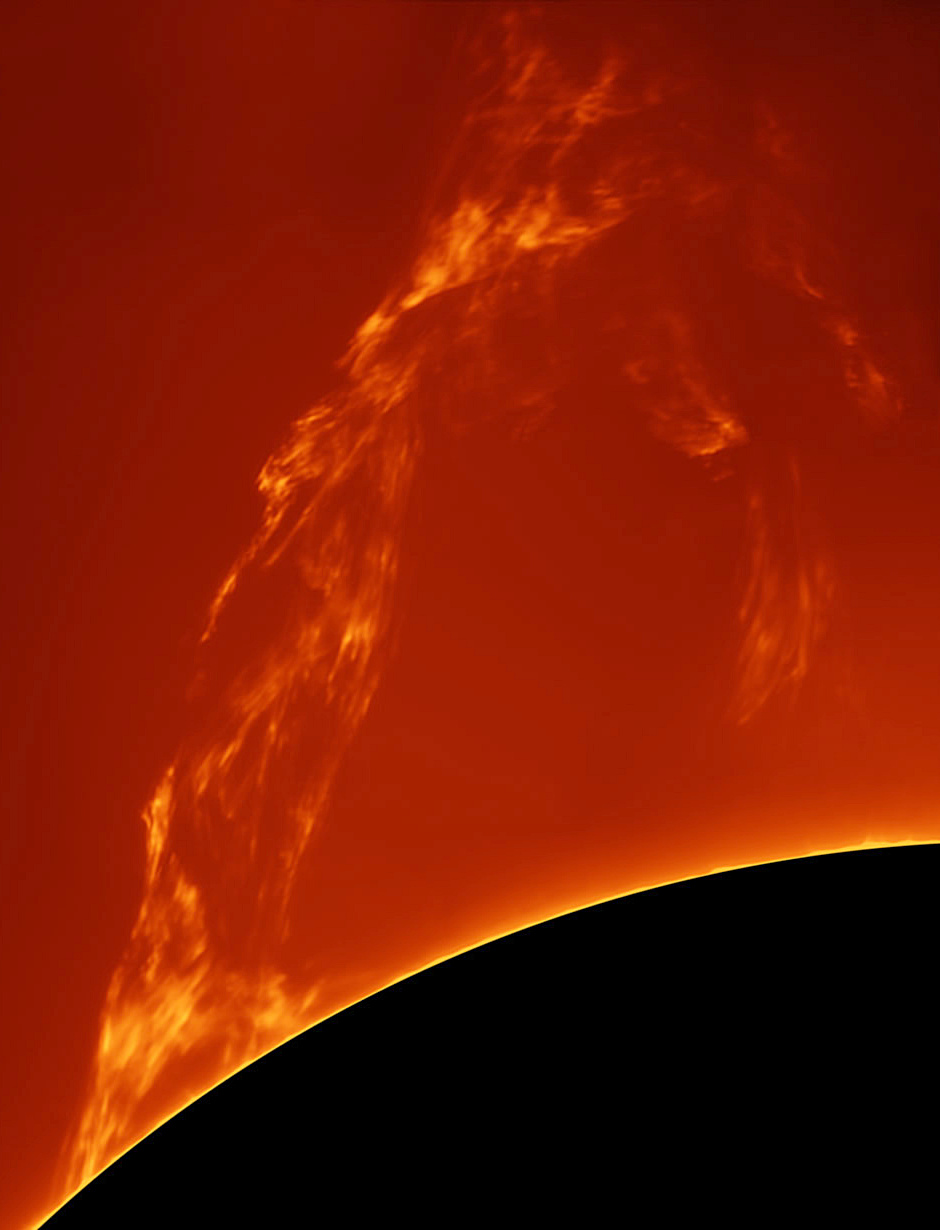 This image of a spectacular solar prominence was taken from Costigliole d’Asti, Italy by astrophotographer Paolo  Porcellana on 27 March 2015 using a home-made truss 150mm f/15 refractor, Sky-Watcher AZ EQ6 mount and PTG Chameleon mono camera. Image credit: © Paolo Porcellana.