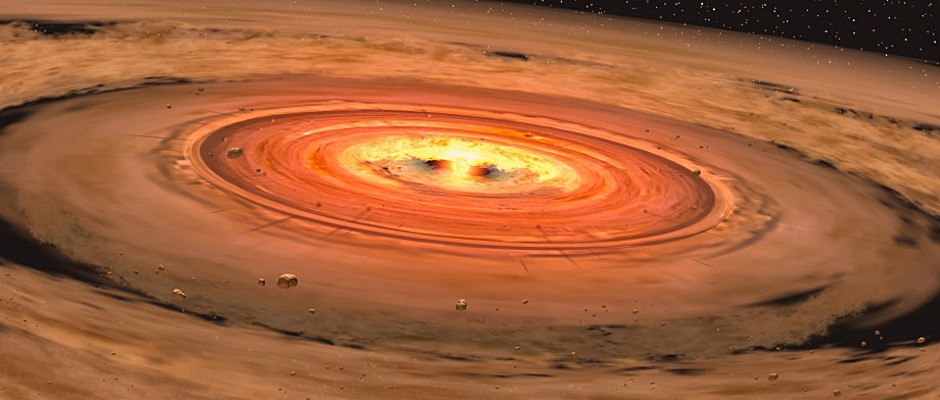 Artist’s depiction of a dusty ‘circumstellar’ disc orbiting a young red dwarf star. Illustration credit: NASA/JPL-Caltech/T. Pyle (SSC).