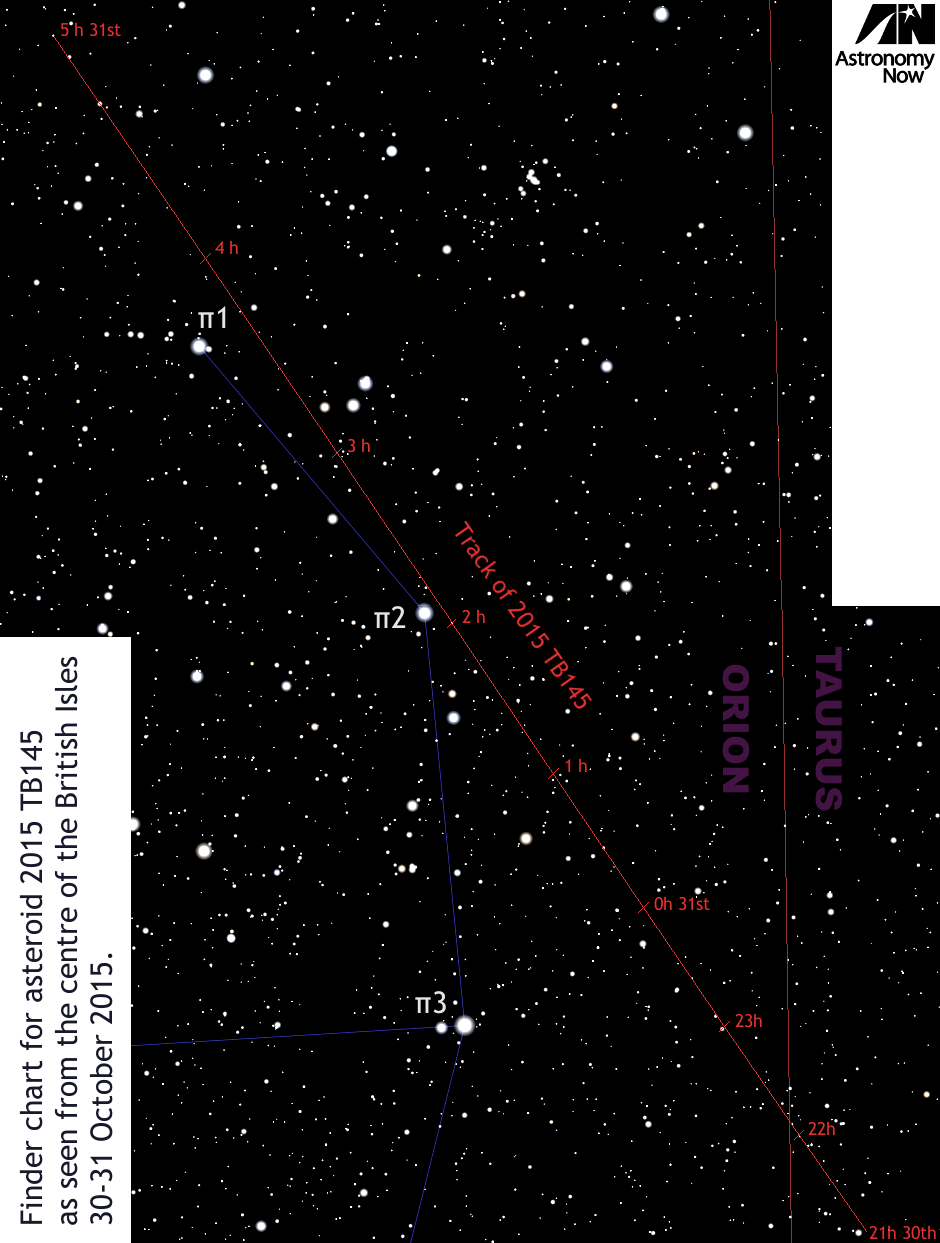 This zoomed-in view of the wide-field finder chart at the top of the page shows stars down to magnitude +13 on the border of Orion and Taurus and the 6.8 degree-long track of asteroid 2015 TB145 from 21h UT on Friday, 30 October to 05h UT on 31 October. Click the graphic for a greyscale version suitable for printing and using outside at the telescope. AN graphic by Ade Ashford.