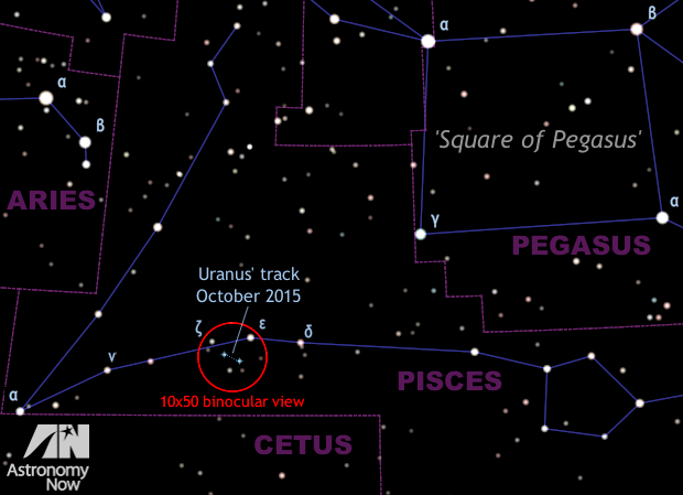 This naked-eye and binocular finder chart for planet Uranus depicts the view to the south, half way from horizon to overhead, at midnight in mid-October 2015 as seen from the centre of the British Isles. It also shows the southern sky at 1am BST on 1 October, or 10pm GMT (after the clocks have gone back) by month end. For scale, the diagonals of the Square of Pegasus span 20 degrees, or the width of an outstretched hand held at arm's length. The red circle highlighting the position of Uranus is five degrees in diameter, or the field of view of a typical 10x50 binocular. Click the graphic for a B&W white version suitable for printing and taking outside. AN graphic by Ade Ashford.