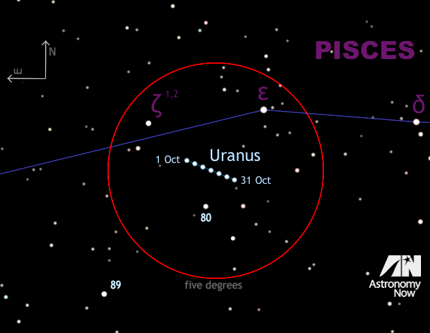 This five-times enlargement of the naked-eye finder chart for Uranus shows stars down to magnitude +9, making it ideal for binocular and small telescope users. As before, the red circle is five degrees in diameter and shows the field of view of a typical 10x50 binocular. The 1.2-degree-long retrograde track of magnitude +5.7 Uranus throughout October 2015 is shown, with the planet's position marked at five-day intervals. Star zeta (ζ) Piscium is an attractive double star for small telescopes with a 23-arcsecond separation. Click the graphic for a greyscale version suitable for printing and taking outside. AN graphic by Ade Ashford.