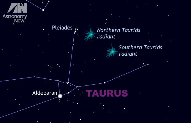 The Taurid meteor shower lasts from 20 October to the end of November, but has two distinct peaks of activity occuring on 5 November (the Southern Taurids) and on 12 November (the Northern Taurids). The radiant is the point where the shooting stars appear to originate. In 2015, the Earth is encountering a swarm of larger debris emanating from Comet 2P/Encke. The last time this happened was in 2005, when a large proportion of fireballs were seen. Reports from around the world indicate that the same is happening this year. This view is about 40 degrees wide (or twice the span of an outstretched hand at arm’s length) and shows the eastern sky at around 9pm local time in the UK. AN graphic by Ade Ashford/Stellarium.