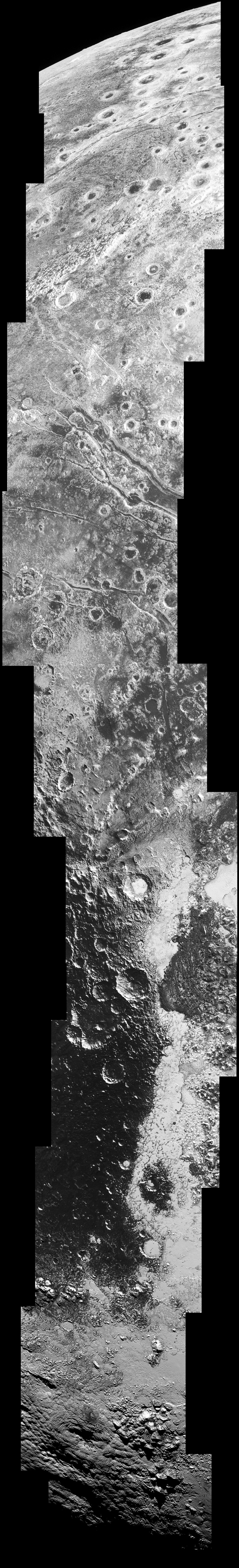 This high-resolution swath of Pluto sweeps over the cratered plains at the west of the New Horizons’ encounter hemisphere and across numerous prominent faults, skimming the eastern margin of the dark, forbidding region informally known as Cthulhu Regio, and finally passing over the mysterious, possibly cryovolcanic edifice Wright Mons, before reaching the terminator or day-night line. Among the many notable details shown are the overlapping and infilling relationships between units of the relatively smooth, bright volatile ices from Sputnik Planum (at the edge of the mosaic) and the dark edge or “shore” of Cthulhu. The pictures in this mosaic were taken by the Long Range Reconnaissance Imager (LORRI) in “ride-along” mode with the LEISA spectrometer, which accounts for the ‘zigzag’ or step pattern. Taken shortly before New Horizons’ 14 July closest approach to Pluto, details as small as 500 yards (500 metres) can be seen. Click on the image and zoom in for optimal viewing. Image credit: NASA/Johns Hopkins University Applied Physics Laboratory/Southwest Research Institute.