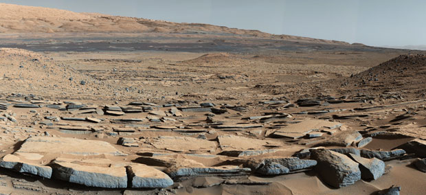 Rock strata at the base of Mount Sharp in Gale Crater. In 2015 Curiosity discovered that the bottom 200-metres of the mountain were deposited by a lake, while the rest of the mountain was built up over billions of years by wind-blown dust. Image: NASA/JPL–Caltech/MSSS.