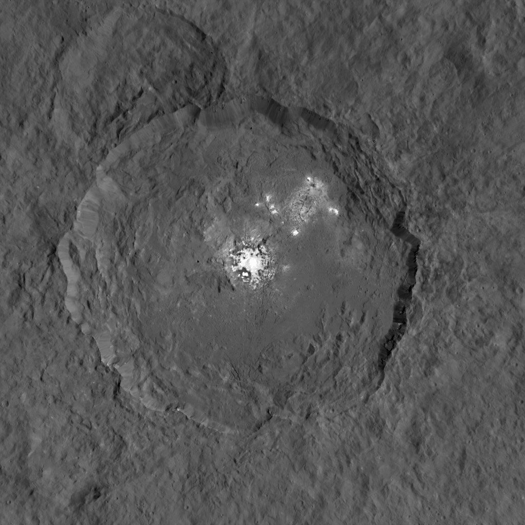 Occator Crater, with its bizarre bright spots. Image: NASA/JPL–Caltech/UCLA/MPS/DLR/IDA.