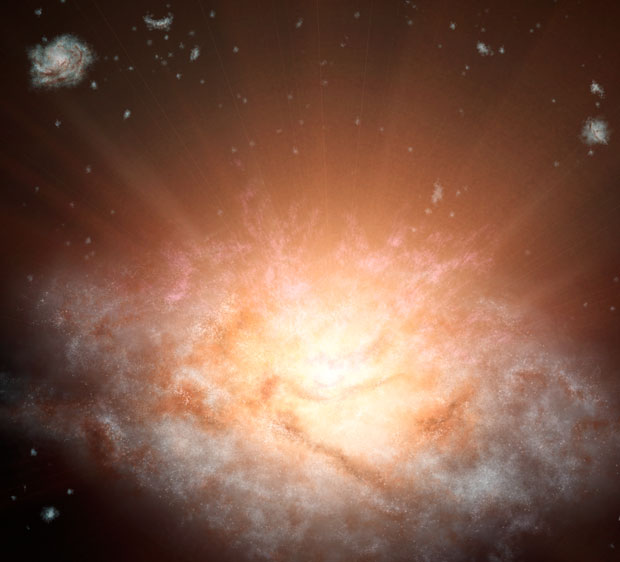 Artwork depicting a dusty galaxy, named WISE J224607.57-052635.0, which is the most luminous ever discovered. Image: NASA/JPL–Caltech.