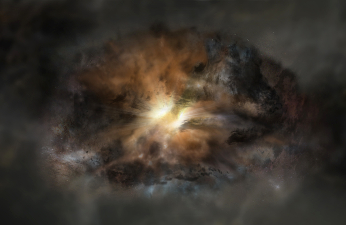 Artist's impression of W2246-0526, a galaxy glowing in infrared light as intensely as approximately 350 trillion suns. It is so violently turbulent that it may eventually jettison its entire supply of star-forming gas, according to new observations with ALMA. Image credit: NRAO/AUI/NSF; Dana Berry / SkyWorks; ALMA (ESO/NAOJ/NRAO).