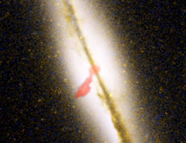 This is a composite image of galaxy LO95 0313-192, the first spiral galaxy known to be producing a giant radio-emitting jet.  This close-up of the Hubble telescope image has a red overlay from a higher-resolution Very Large Array picture showing the inner portion of the jet. Image credit: NASA/ESA, NRAO/AUI/NSF and W. Keel (University of Alabama, Tuscaloosa).