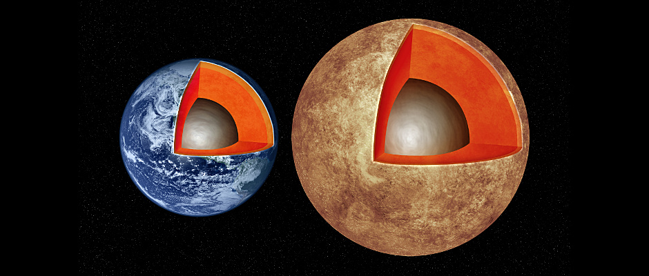 This artist's illustration compares the interior structures of Earth (left) with the exoplanet Kepler-93b (right), which is one and a half times the size of Earth and four times as massive. New research finds that rocky worlds share similar structures, with a core containing about a third of the planet's mass, surrounded by a mantle and topped by a thin crust. Image credit: M. Weiss/CfA.