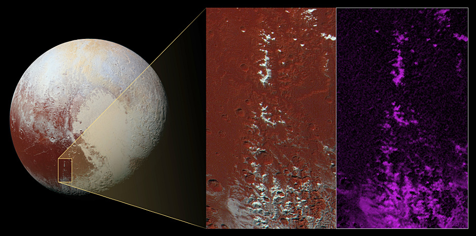 NASA's New Horizons mission scientists believe that methane snow falls on the high peaks of Cthulhu (pronounced kuh-THU-lu), a region that stretches nearly halfway around Pluto’s equator and is a bit larger than the state of Alaska. Click the image for a full-size version. Image credits: NASA/JHUAPL/SwRI.