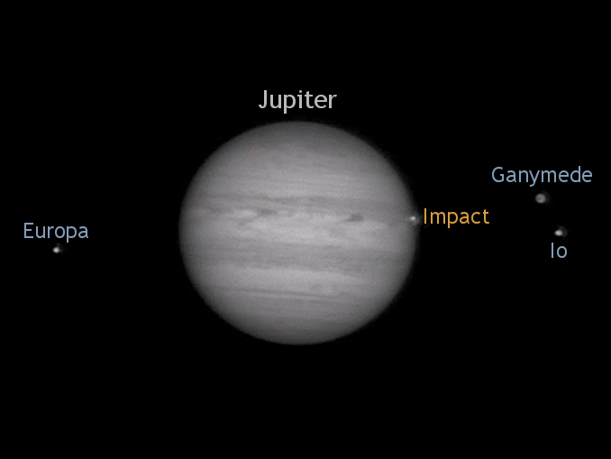 A frame from John Mckeon's astrovideo captured with an 11-inch Schmidt-Cassegrain telescope on 17 March showing the flash on Jupiter's limb that lasted less than a second and occurring at 00:18:45 UTC according to his calculations. AN annotation by Ade Ashford.