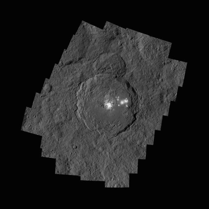 A wider view of Occator Crater, showing the salt deposits in high resolution. Image: NASA/JPL–Caltech/UCLA/MPS/DLR/IDA/PSI.