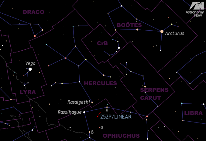 This graphic shows the appearance of the sky to the east-southeast at midnight for the beginning of May as seen from the heart of the British Isles. Arcturus, the brightest star in the northern celestial hemisphere, lies in the south almost 60 degrees, or three spans of an outstretched hand at arm's length, from Vega in the east. Between and below these readily identifiable stars lie Rasalhague in the constellation of Ophiuchus and Rasalgethi in Hercules — two stars that will fit within a low-power binocular field of view. Rasalhague and Rasalgethi form an equilateral triangle with Comet 252P/LINEAR. See the detailed finder chart for this region below. AN graphic by Ade Ashford.