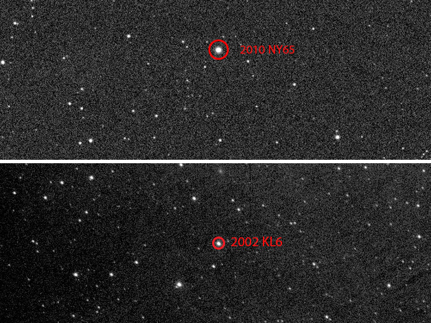 Asteroid 2002 KL6 was discovered on 27 May 2002 by the Near-Earth Asteroid Tracking (NEAT) program using telescopes at Haleakala on Maui (where LCOGT has its 2-metre Faulkes Telescope North). From its brightness, we can estimate that is it about 1.1 kilometres (0.7 miles) across, orbits the Sun every 3.51 years, and is what is known as an Amor asteroid. We also know that 2002 KL6 rotates in about 4.6 hours. Asteroid 2010 NY65 was discovered on 14 July 2010 by the Wide-field Infrared Survey Explorer (WISE) satellite. It orbits the Sun every 364.5 days, which is very similar to that of the Earth’s 365.25 days. However, the orbit of 2010 NY65 is more eccentric and more tilted than the Earth’s. We know that the asteroid is about 230 metres (0.15 miles) in diameter and came within 4.1 million kilometres (2.5 million miles) of Earth on 24 June 2016. Image credits: LCOGT.