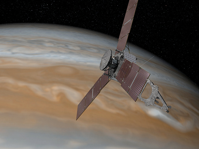 This artist's rendering shows NASA's Juno spacecraft above the north pole of Jupiter on 4 July. Illustration credits: NASA/JPL-Caltech.