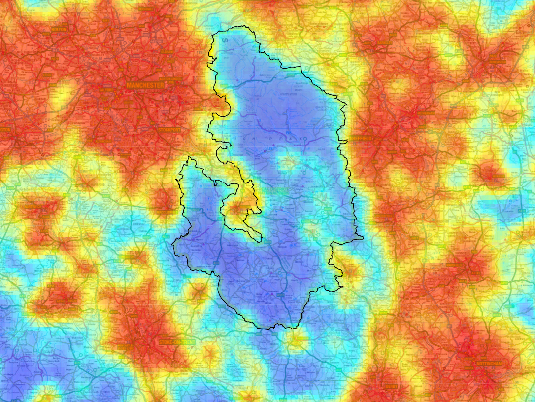 The map above shows the impact of light pollution in and around the Peak District National Park, in 2009. This map was generated using data obtained from a satellite orbiting the Earth, and has been adjusted to use artificial colour. Even though approximately 16 million people live within an hour of the National Park boundary (outlined in black), it is apparent that it is an area that is relatively unaffected by light pollution, a result of the protection of this natural landscape. Click for a full-size image. Image credit: Peak District National Park Authority.