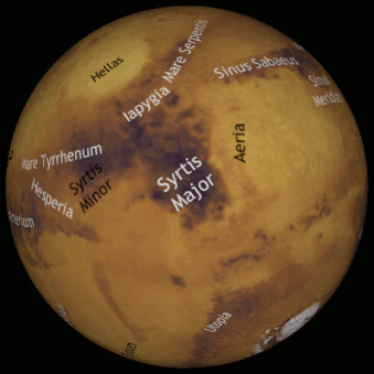 This annotated computer-generated map of the Red Planet obtained through our interactive Mars Mapper app shows the Martian hemisphere facing Earth mid-June at around 11:30pm BST. The map has south up and east to the right, matching the inverted view of a Newtonian, or a refractor/catadioptric without a star diagonal. Click the graphic to launch Mars Mapper in a new window. AN graphic by Ade Ashford.