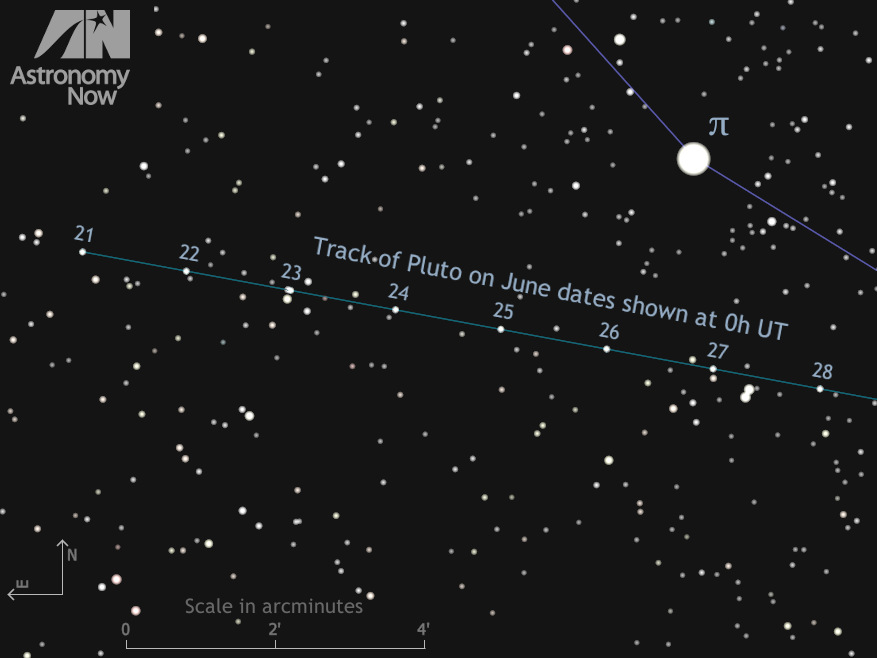 In this detailed finder chart for Pluto, third-magnitude star pi (π) Sagittarii lies to the upper right and field stars to magnitude +16 are shown — two magnitudes fainter than Pluto. The dwarf planet passes 2¾ arcminutes — less than 1/20 degree — from π Sagittarii around 10h UT on 26 June, a time that favours Australasian observers. Click the graphic for a full-size greyscale version suitable for printing and use at the telescope. Pluto requires a 12-inch aperture telescope or larger to see comfortably, but it can be photographed with smaller instruments. AN graphic by Ade Ashford.